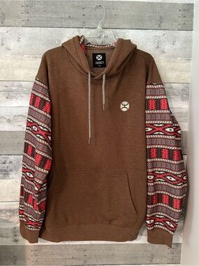 Hooey Brown Hoodie with Red Patterned Sleeves